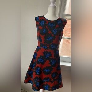 💃 Waist 27” J. Crew A-Line Firework Floral Dress - Size 4 Red with Blue & Black